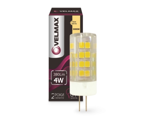 Лампа VELMAX V-G4, 3W, 12V, G4, 4500K, 280Lm, кут 360° Лампа VELMAX V-G4, 3W, 12V, G4, 4500K, 280Lm, кут 360°