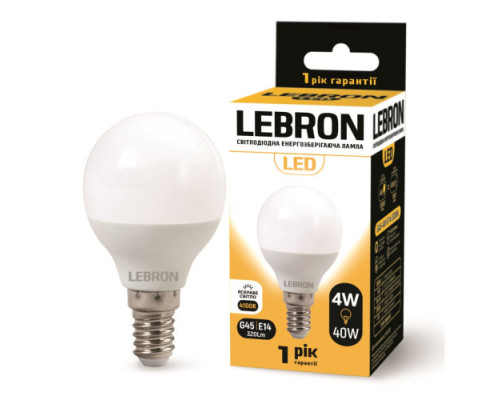 Лампа LEBRON L-G45, 4W, 220V, Е14, 4100K, 320Lm Лампа LEBRON L-G45, 4W, 220V, Е14, 4100K, 320Lm