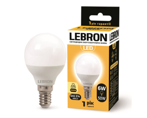 Лампа LEBRON L-G45, 6W, 220V, Е14, 3000K, 480Lm Лампа LEBRON L-G45, 6W, 220V, Е14, 3000K, 480Lm