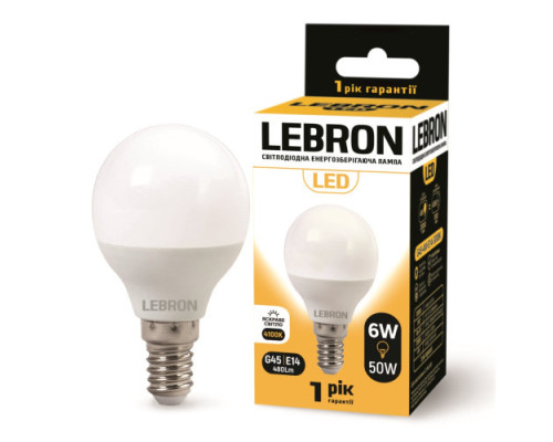 Лампа LEBRON L-G45, 6W, 220V, Е14, 4100K, 480Lm Лампа LEBRON L-G45, 6W, 220V, Е14, 4100K, 480Lm