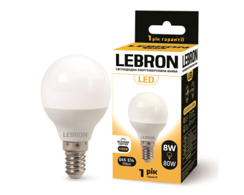 Лампа LEBRON L-G45, 8W, 220V, Е14, 4100K, 720Lm Лампа LEBRON L-G45, 8W, 220V, Е14, 4100K, 720Lm