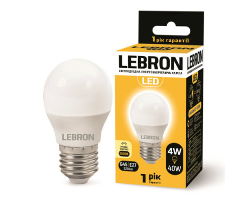 Лампа LEBRON L-G45, 4W, 220V, Е27, 3000K, 320Lm Лампа LEBRON L-G45, 4W, 220V, Е27, 3000K, 320Lm