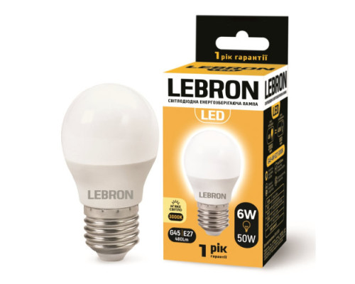 Лампа LEBRON L-G45, 6W, 220V, Е27, 3000K, 480Lm Лампа LEBRON L-G45, 6W, 220V, Е27, 3000K, 480Lm