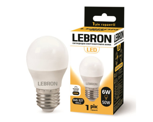 Лампа LEBRON L-G45, 6W, 220V, Е27, 4100K, 480Lm Лампа LEBRON L-G45, 6W, 220V, Е27, 4100K, 480Lm