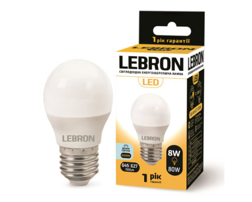 Лампа LEBRON L-G45, 8W, 220V, Е27, 6500K, 720Lm Лампа LEBRON L-G45, 8W, 220V, Е27, 6500K, 720Lm