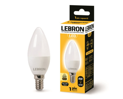 Лампа "свічка" LEBRON L-С37, 4W, 220V, Е14, 3000K, 320Lm Лампа "свічка" LEBRON L-С37, 4W, 220V, Е14, 3000K, 320Lm