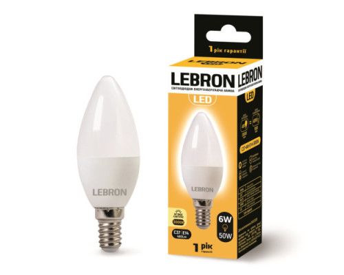 Лампа "свічка" LEBRON L-С37, 6W, 220V, Е14, 3000K, 480Lm Лампа "свічка" LEBRON L-С37, 6W, 220V, Е14, 3000K, 480Lm