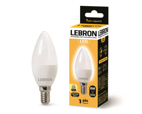 Лампа "свічка" LEBRON L-С37, 8W, 220V, Е14, 3000K, 720Lm Лампа "свічка" LEBRON L-С37, 8W, 220V, Е14, 3000K, 720Lm