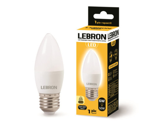 Лампа "свічка" LEBRON L-С37, 6W, 220V, Е27, 3000K, 480Lm Лампа "свічка" LEBRON L-С37, 6W, 220V, Е27, 3000K, 480Lm