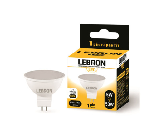 Лампа точкова LEBRON L-MR16, 5W, 220V, GU5,3, 4100K, 400Lm Лампа точкова LEBRON L-MR16, 5W, 220V, GU5,3, 4100K, 400Lm