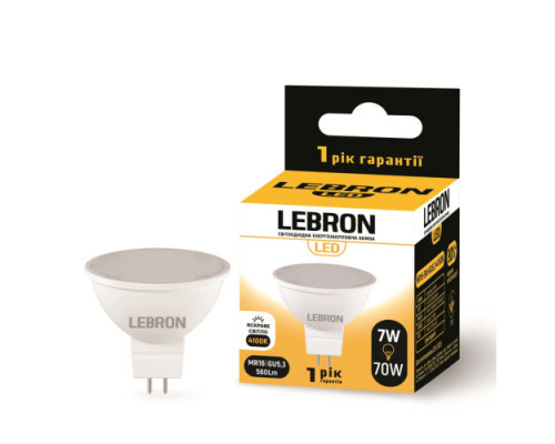 Лампа точкова LEBRON L-MR16, 7W, 220V, GU5,3, 4100K, 560Lm Лампа точкова LEBRON L-MR16, 7W, 220V, GU5,3, 4100K, 560Lm