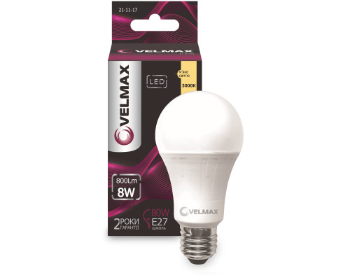 Лампа VELMAX V-A60, 8W, E27, 3000K, 800Lm, кут 240°