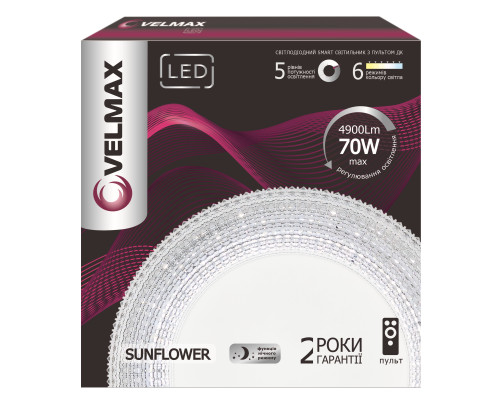 Світильник стельовий VELMAX V-CL-SUNFLOWER, 70W, smart, 3000K-6500K, 4900Lm, пульт ДК Світильник стельовий VELMAX V-CL-SUNFLOWER, 70W, smart, 3000K-6500K, 4900Lm, пульт ДК