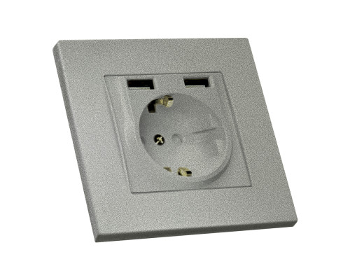 Розетка з/з, 16А, та 2гн USB, 2,4А, зі шторками, RITA, Mutlusan, "срібло", (2220 619 0282) Розетка з/з, 16А, та 2гн USB, 2,4А, зі шторками, RITA, Mutlusan, "срібло", (2220 619 0282)
