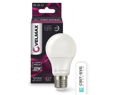 Лампа VELMAX V-А60, 10W, E27, 3000K, 1000Lm, кут 240° .
