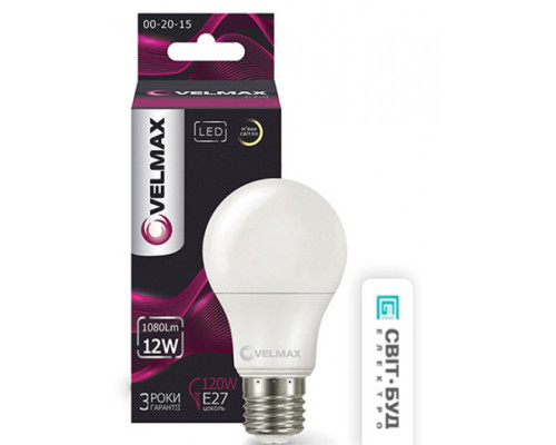 Лампа VELMAX V-А60, 12W, E27, 3000K, 1200Lm, кут 240° . Лампа VELMAX V-А60, 12W, E27, 3000K, 1200Lm, кут 240° .