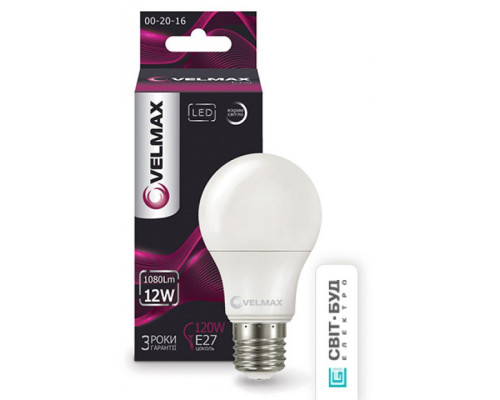 Лампа VELMAX V-А60, 12W, E27, 4100K, 1200Lm, кут 240° . Лампа VELMAX V-А60, 12W, E27, 4100K, 1200Lm, кут 240° .