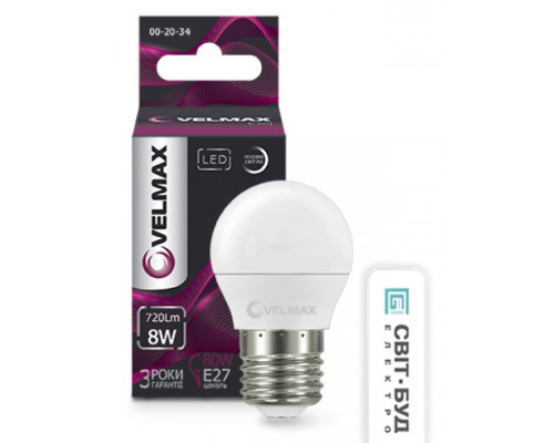 Лампа VELMAX V-G45, 8W, 220V, Е27, 4100K, 720Lm, EMC Лампа VELMAX V-G45, 8W, 220V, Е27, 4100K, 720Lm, EMC