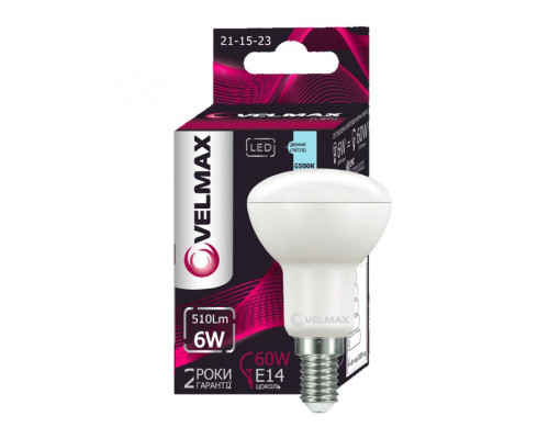 Лампа VELMAX V-R50, 6W, 220V, E14, 6500K, 510Lm, ЕМС Лампа VELMAX V-R50, 6W, 220V, E14, 6500K, 510Lm, ЕМС