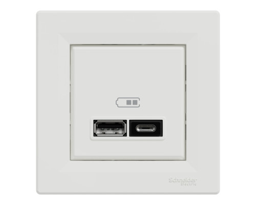 Розетка USB, 2 виходи, тип А+С 2,4А, Біла, Asfora EPH2700321 Розетка USB, 2 виходи, тип А+С 2,4А, Біла, Asfora EPH2700321